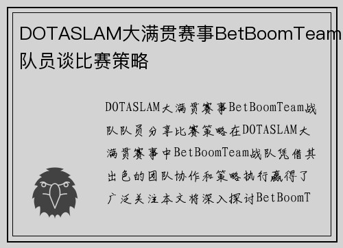 DOTASLAM大满贯赛事BetBoomTeam战队队员谈比赛策略