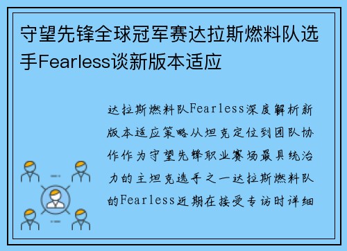 守望先锋全球冠军赛达拉斯燃料队选手Fearless谈新版本适应