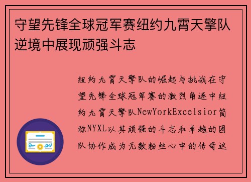 守望先锋全球冠军赛纽约九霄天擎队逆境中展现顽强斗志